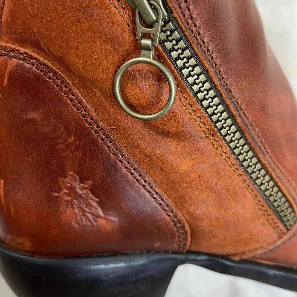 Fly London Meli Ankle Boots Brown Leather and Suede Upper with Ring Zipper Pull